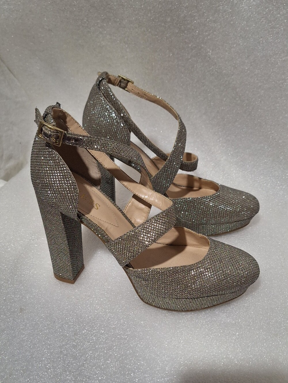Guess Silver And Gold Glitter Crisscross Block Heel Pumps